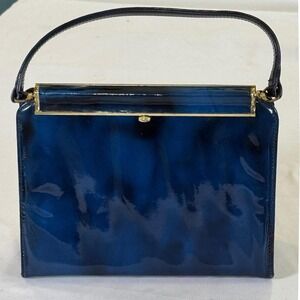Mar-Shel Vintage 1950s Blue Vinyl Frame Bag Gold-Tone Hardware Top Handle